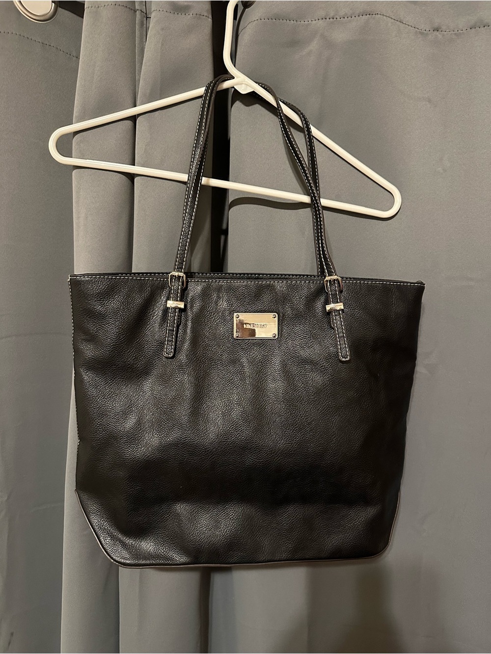 Nine West Black Leather Tote with Gold Plaque
